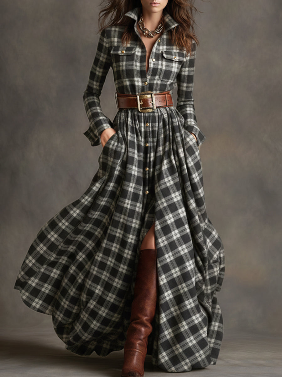 Women's Chic Checkered Shirt Dress