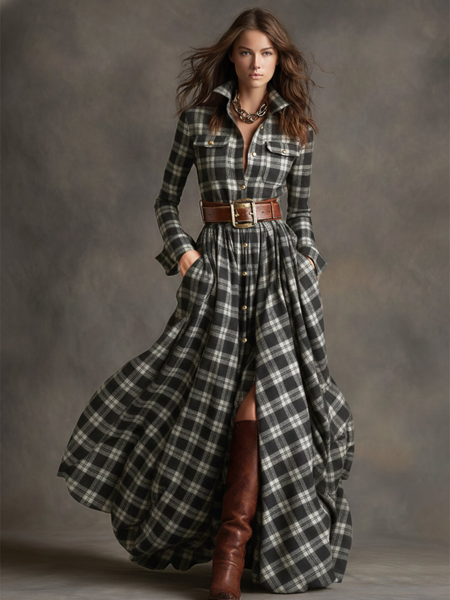 Women's Chic Checkered Shirt Dress
