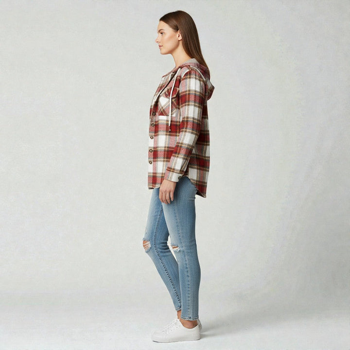 Women's Hooded Plaid Shirt with Button Placket