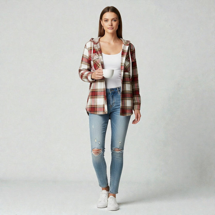 Women's Hooded Plaid Shirt with Button Placket