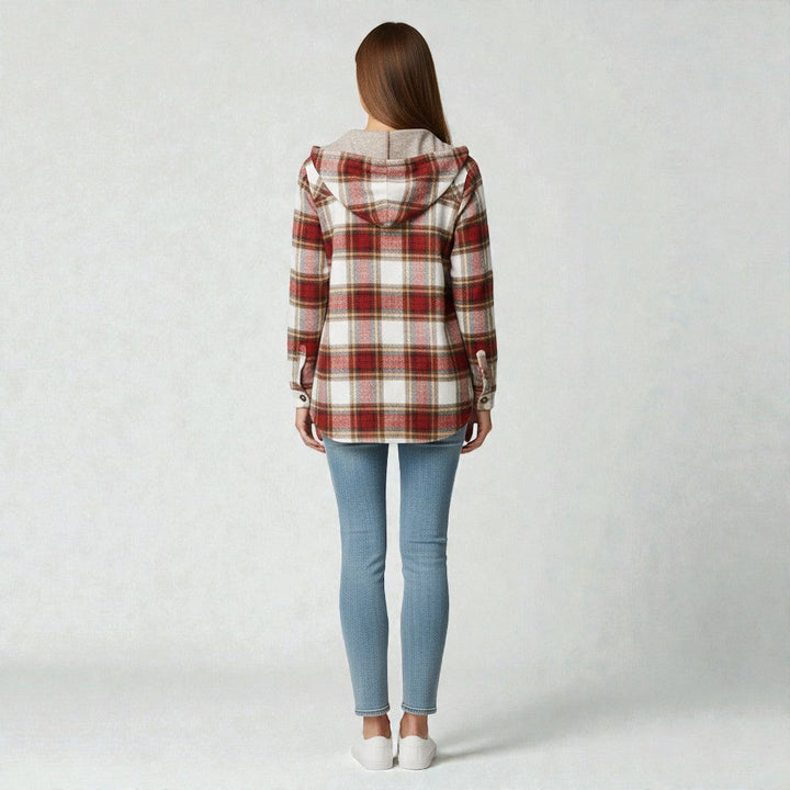 Women's Hooded Plaid Shirt with Button Placket