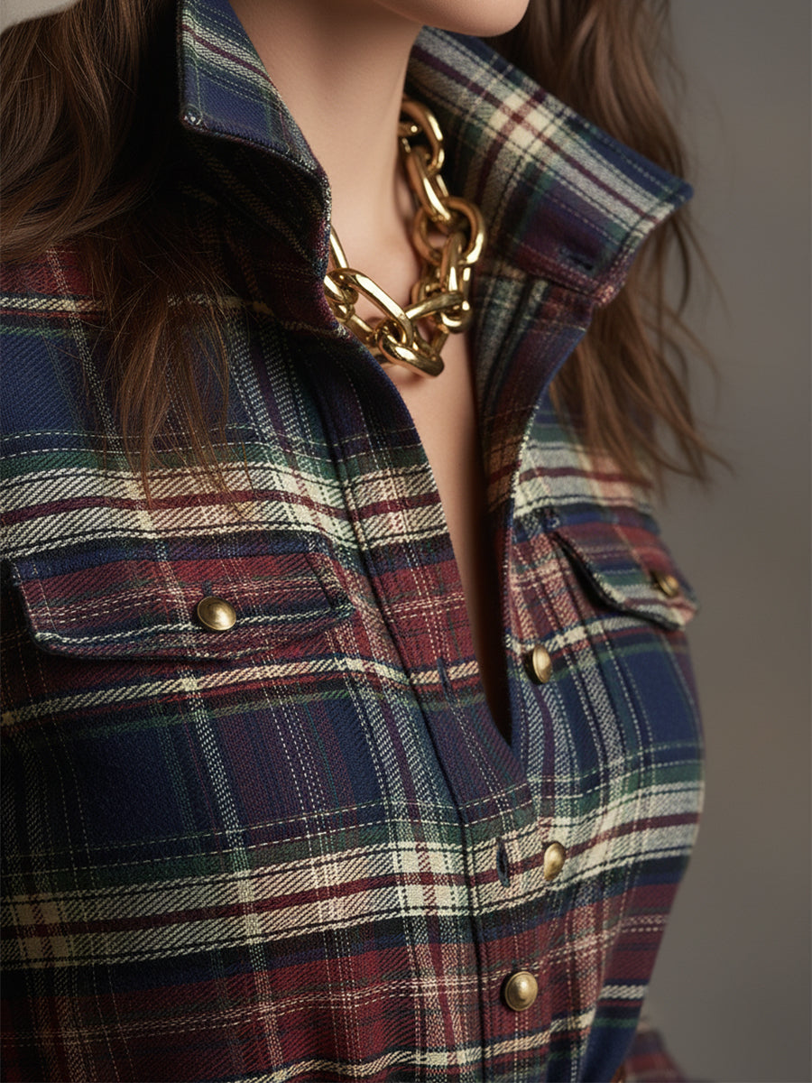 Women's Chic Checkered Shirt Dress