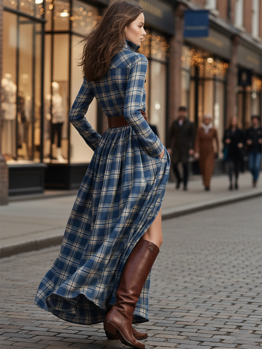Women's Chic Checkered Shirt Dress