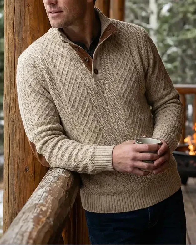 Casual Men's Sweater with Quarter Button Placket