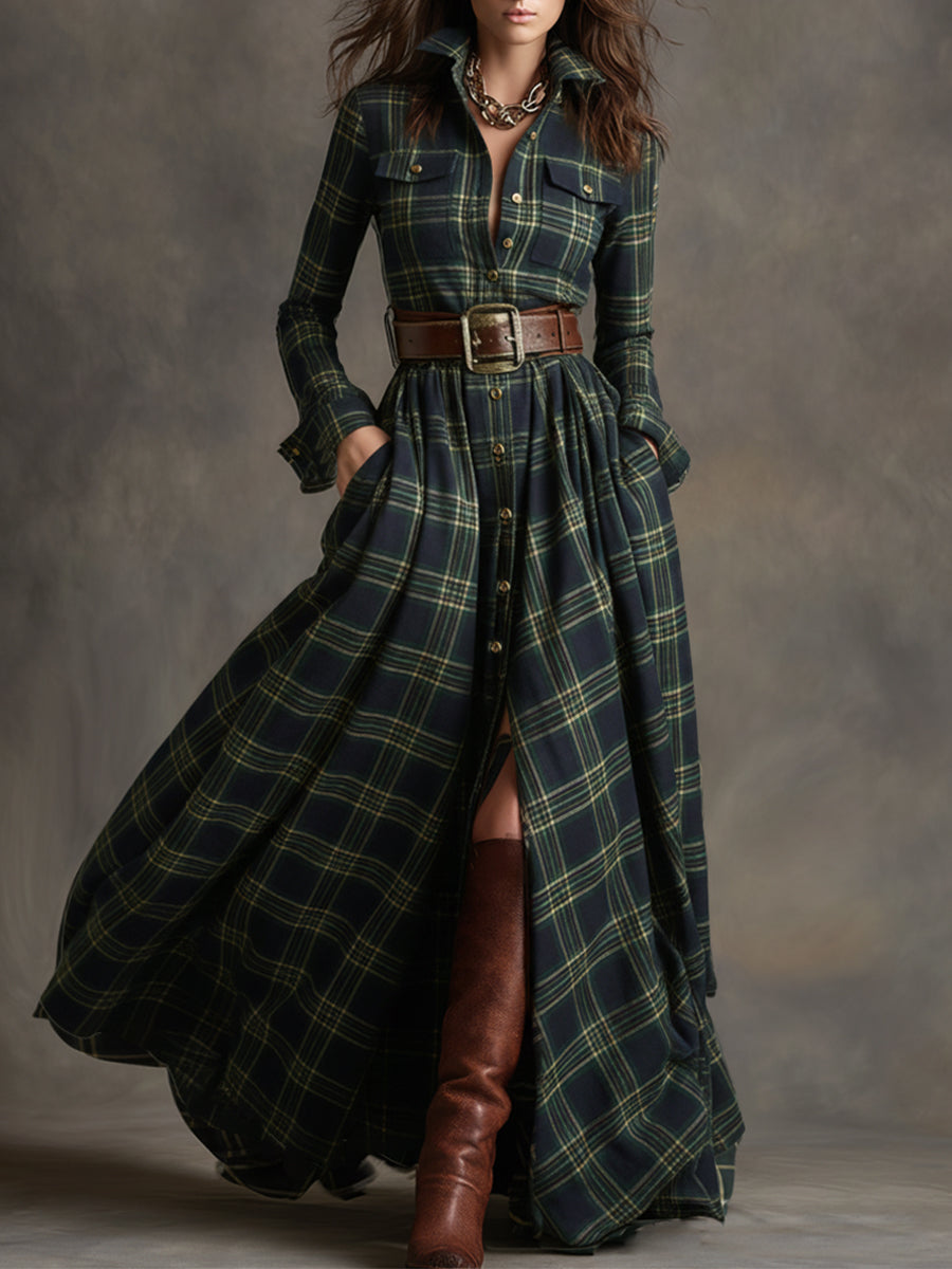 Women's Chic Checkered Shirt Dress